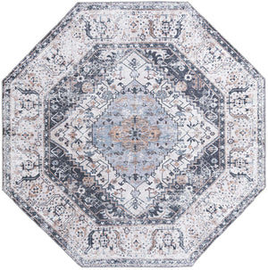 Washable Linen Charcoal 7' 10 x 7' 10 Yara Octagon Area Rug Easy to Clean Stain Resistant & Durable Polyester & Chenille Carpet for Sale at Rug Engine