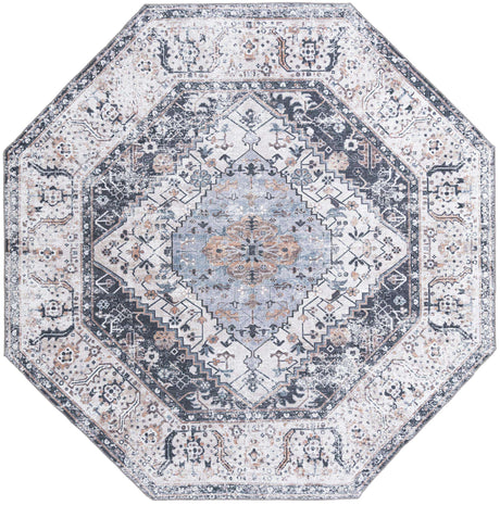 Washable Linen Charcoal 7' 10 x 7' 10 Yara Octagon Area Rug Easy to Clean Stain Resistant & Durable Polyester & Chenille Carpet for Sale at Rug Engine