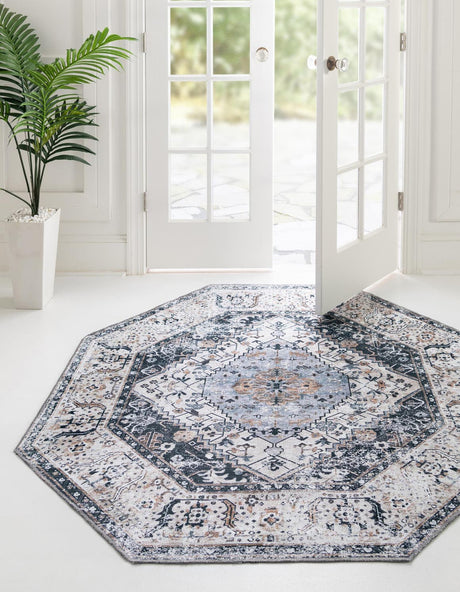Washable Linen Charcoal 5' x 5' Yara Octagon Area Rug Easy to Clean Stain Resistant & Durable Polyester & Chenille Carpet for Sale at Rug Engine