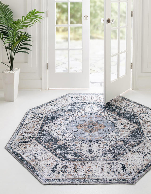 Washable Linen Charcoal 5' x 5' Yara Octagon Area Rug Easy to Clean Stain Resistant & Durable Polyester & Chenille Carpet for Sale at Rug Engine