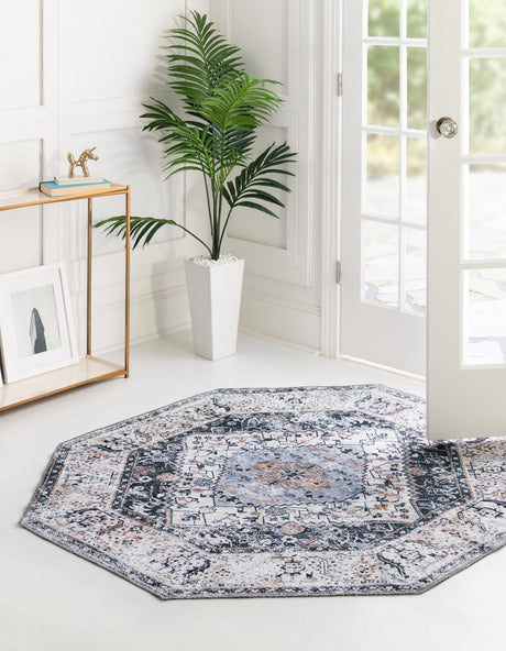 Washable Linen Charcoal 7' 1 x 7' 1 Yara Octagon Area Rug Easy to Clean Stain Resistant & Durable Polyester & Chenille Carpet for Sale at Rug Engine