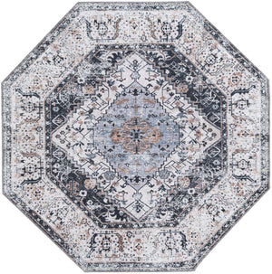 Washable Linen Charcoal 5' x 5' Yara Octagon Area Rug Easy to Clean Stain Resistant & Durable Polyester & Chenille Carpet for Sale at Rug Engine