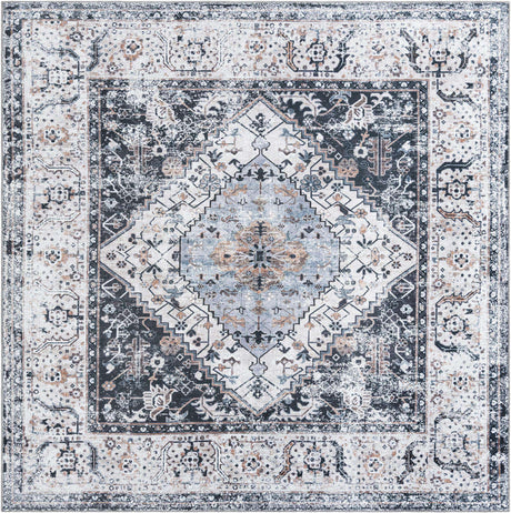 Washable Linen Charcoal 7' 10 x 7' 10 Yara Square Area Rug Easy to Clean Stain Resistant & Durable Polyester & Chenille Carpet for Sale at Rug Engine