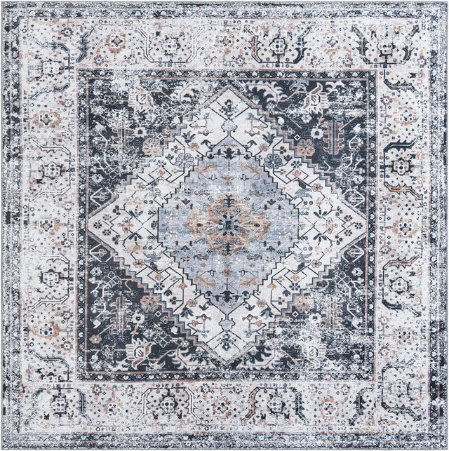 Washable Linen Charcoal 7' 10 x 7' 10 Yara Square Area Rug Easy to Clean Stain Resistant & Durable Polyester & Chenille Carpet for Sale at Rug Engine