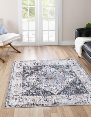 Washable Linen Charcoal 7' 10 x 7' 10 Yara Square Area Rug Easy to Clean Stain Resistant & Durable Polyester & Chenille Carpet for Sale at Rug Engine
