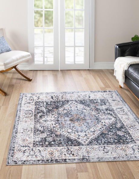 Washable Linen Charcoal 7' 10 x 7' 10 Yara Square Area Rug Easy to Clean Stain Resistant & Durable Polyester & Chenille Carpet for Sale at Rug Engine