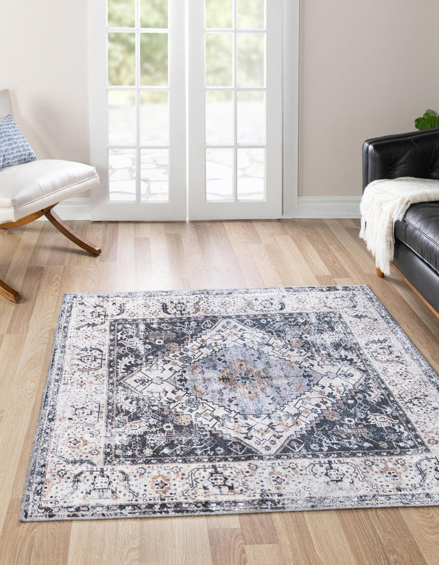 Washable Linen Charcoal 7' 1 x 7' 1 Yara Square Area Rug Easy to Clean Stain Resistant & Durable Polyester & Chenille Carpet for Sale at Rug Engine