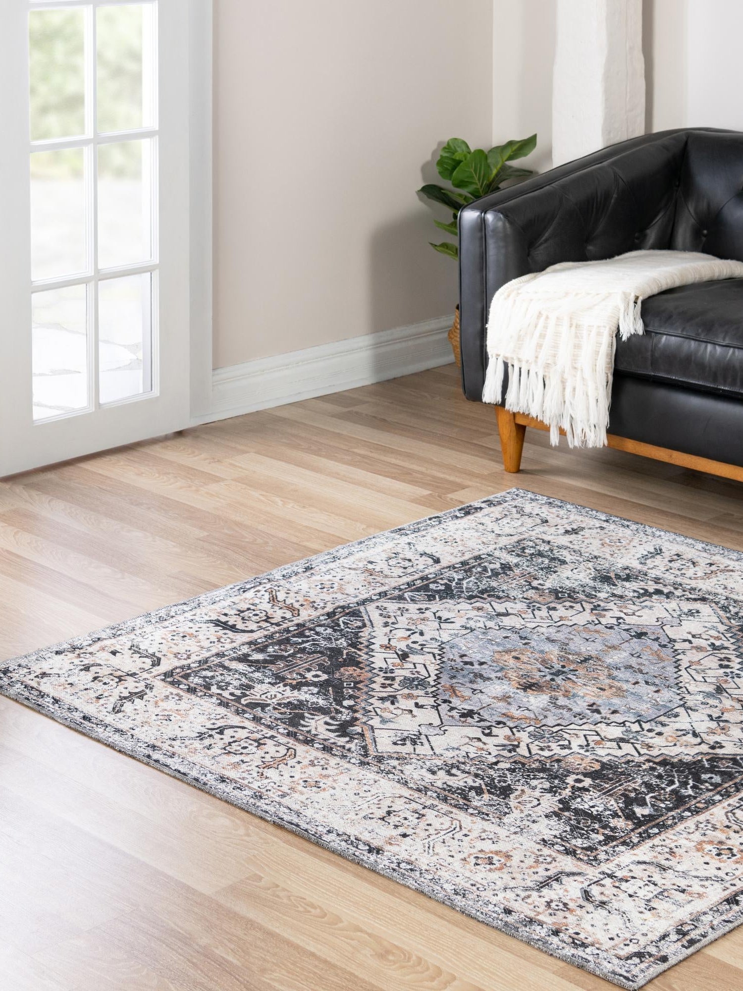 Washable Linen Charcoal 5' x 5' Yara Square Area Rug Easy to Clean Stain Resistant & Durable Polyester & Chenille Carpet for Sale at Rug Engine
