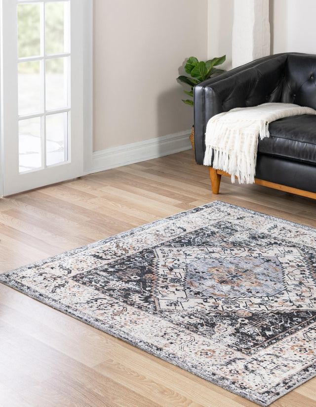 Washable Linen Charcoal 5' x 5' Yara Square Area Rug Easy to Clean Stain Resistant & Durable Polyester & Chenille Carpet for Sale at Rug Engine