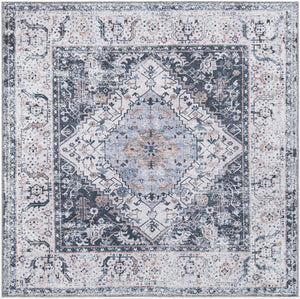 Washable Linen Charcoal 5' x 5' Yara Square Area Rug Easy to Clean Stain Resistant & Durable Polyester & Chenille Carpet for Sale at Rug Engine