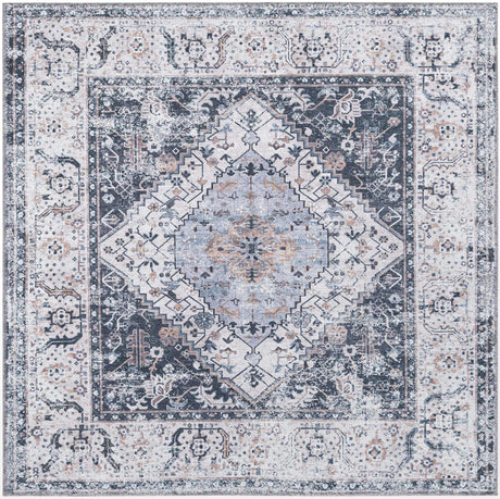 Washable Linen Charcoal 5' x 5' Yara Square Area Rug Easy to Clean Stain Resistant & Durable Polyester & Chenille Carpet for Sale at Rug Engine