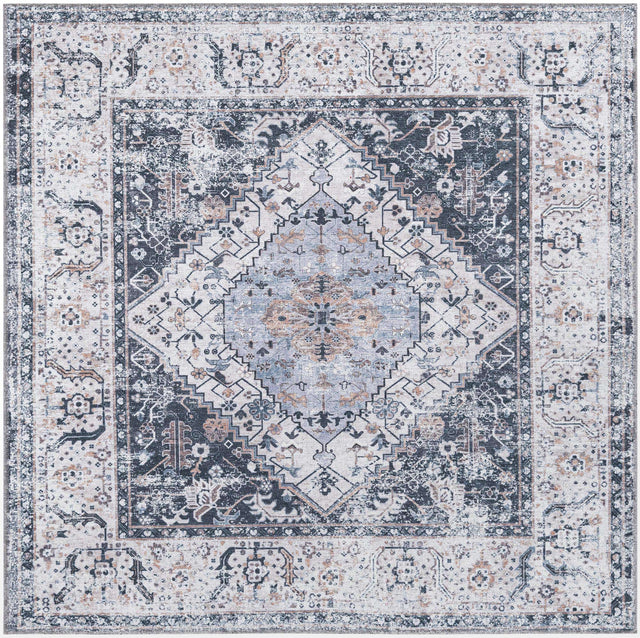 Washable Linen Charcoal 5' x 5' Yara Square Area Rug Easy to Clean Stain Resistant & Durable Polyester & Chenille Carpet for Sale at Rug Engine