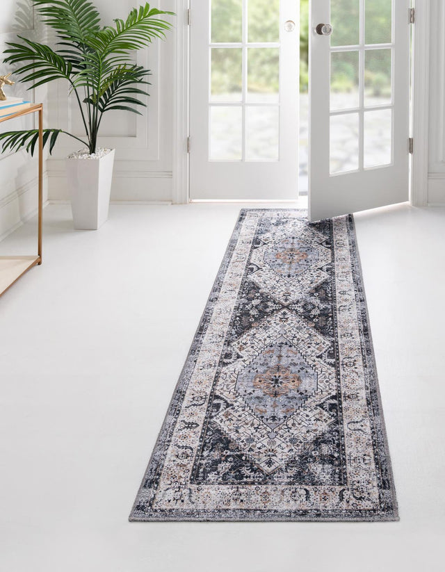 Washable Linen Charcoal 2' x 8' Yara Runner Area Rug Easy to Clean Stain Resistant & Durable Polyester & Chenille Carpet for Sale at Rug Engine
