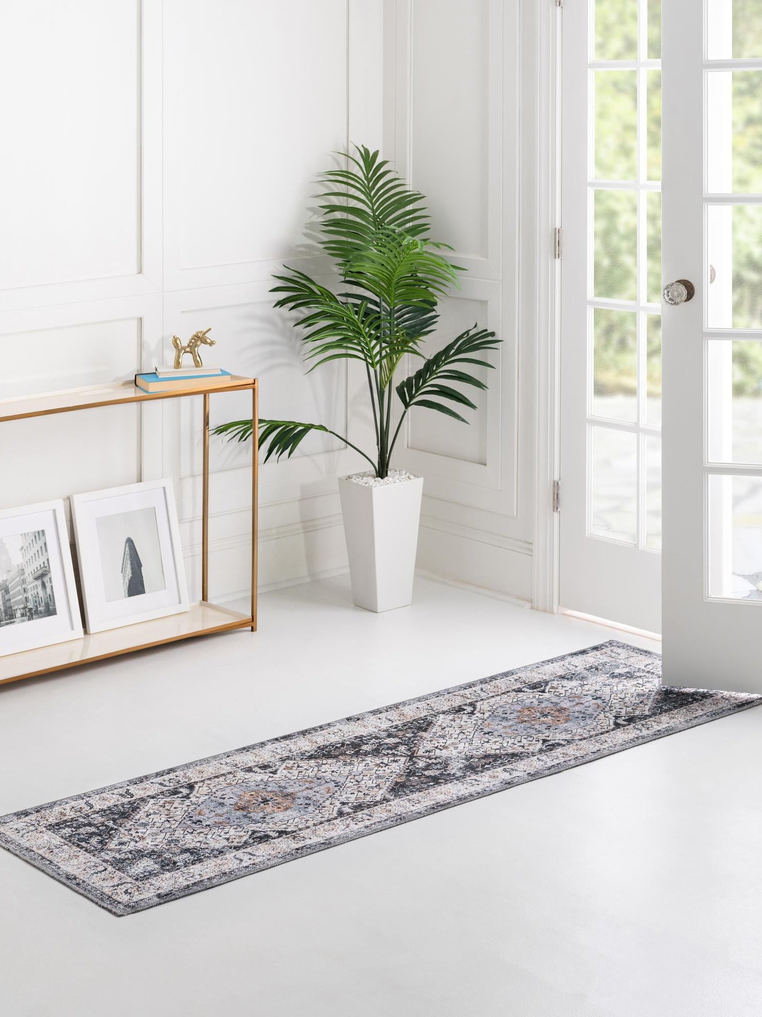 Washable Linen Charcoal 2' x 6' Yara Runner Area Rug Easy to Clean Stain Resistant & Durable Polyester & Chenille Carpet for Sale at Rug Engine
