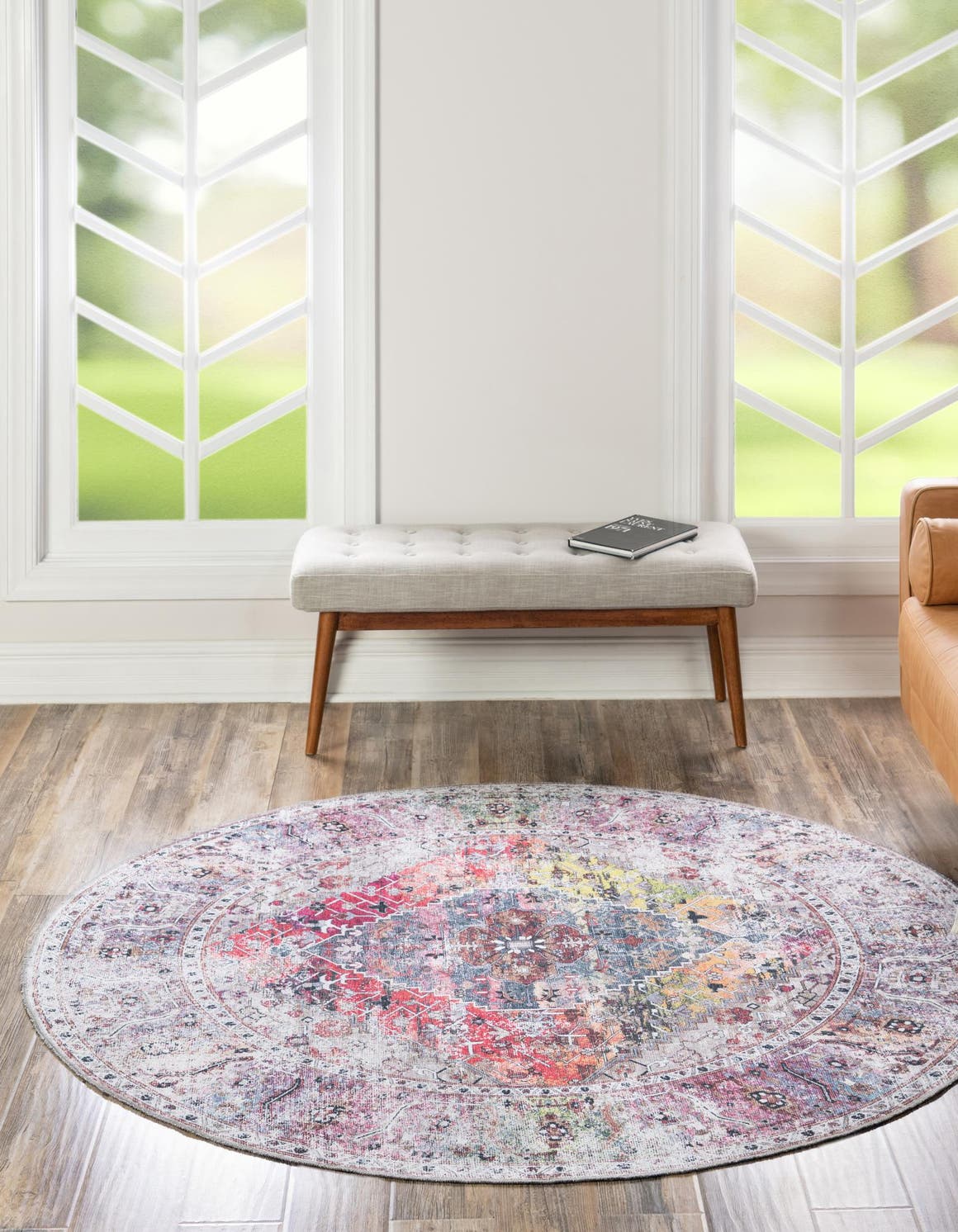 Washable Multicolor 6' x 6' Yara Round Area Rug Easy to Clean Stain Resistant & Durable Polyester & Chenille Carpet for Sale at Rug Engine