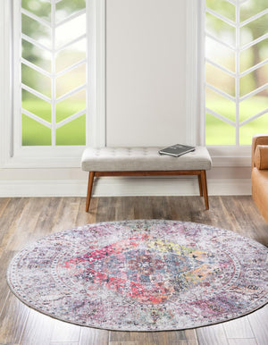 Washable Multicolor 7' 10 x 7' 10 Yara Round Area Rug Easy to Clean Stain Resistant & Durable Polyester & Chenille Carpet for Sale at Rug Engine