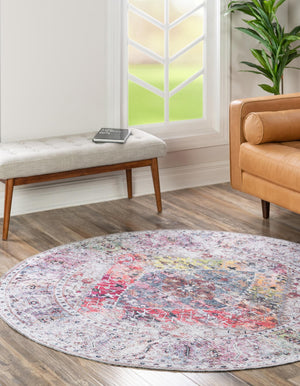 Washable Multicolor 6' x 6' Yara Round Area Rug Easy to Clean Stain Resistant & Durable Polyester & Chenille Carpet for Sale at Rug Engine