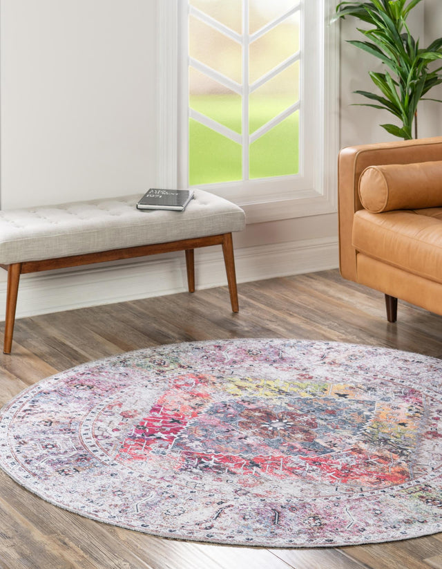 Washable Multicolor 6' x 6' Yara Round Area Rug Easy to Clean Stain Resistant & Durable Polyester & Chenille Carpet for Sale at Rug Engine