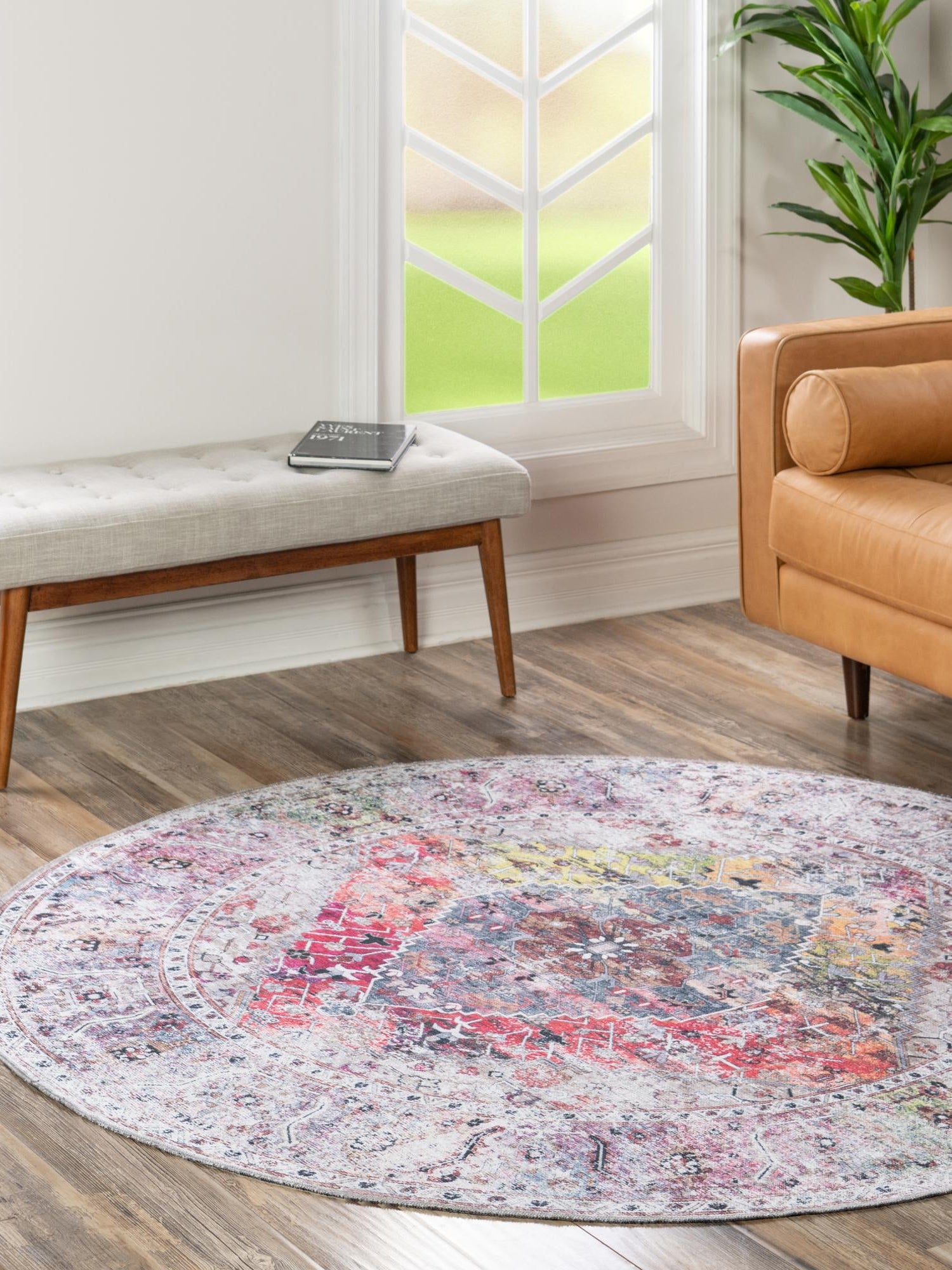 Washable Multicolor 7' 10 x 7' 10 Yara Round Area Rug Easy to Clean Stain Resistant & Durable Polyester & Chenille Carpet for Sale at Rug Engine