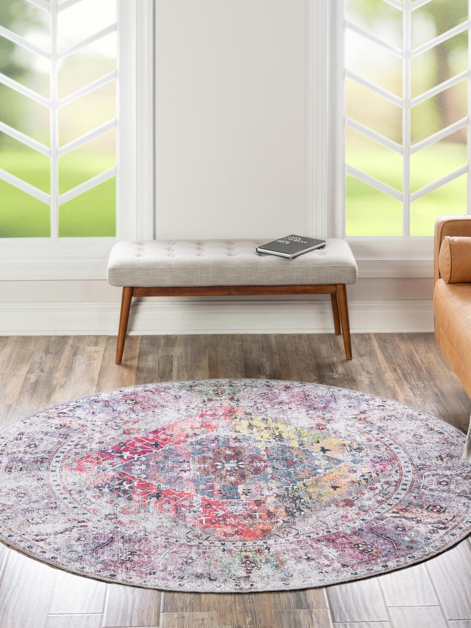 Washable Multicolor 7' 10 x 7' 10 Yara Round Area Rug Easy to Clean Stain Resistant & Durable Polyester & Chenille Carpet for Sale at Rug Engine