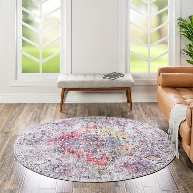 Washable Multicolor 7' 10 x 7' 10 Yara Round Area Rug Easy to Clean Stain Resistant & Durable Polyester & Chenille Carpet for Sale at Rug Engine