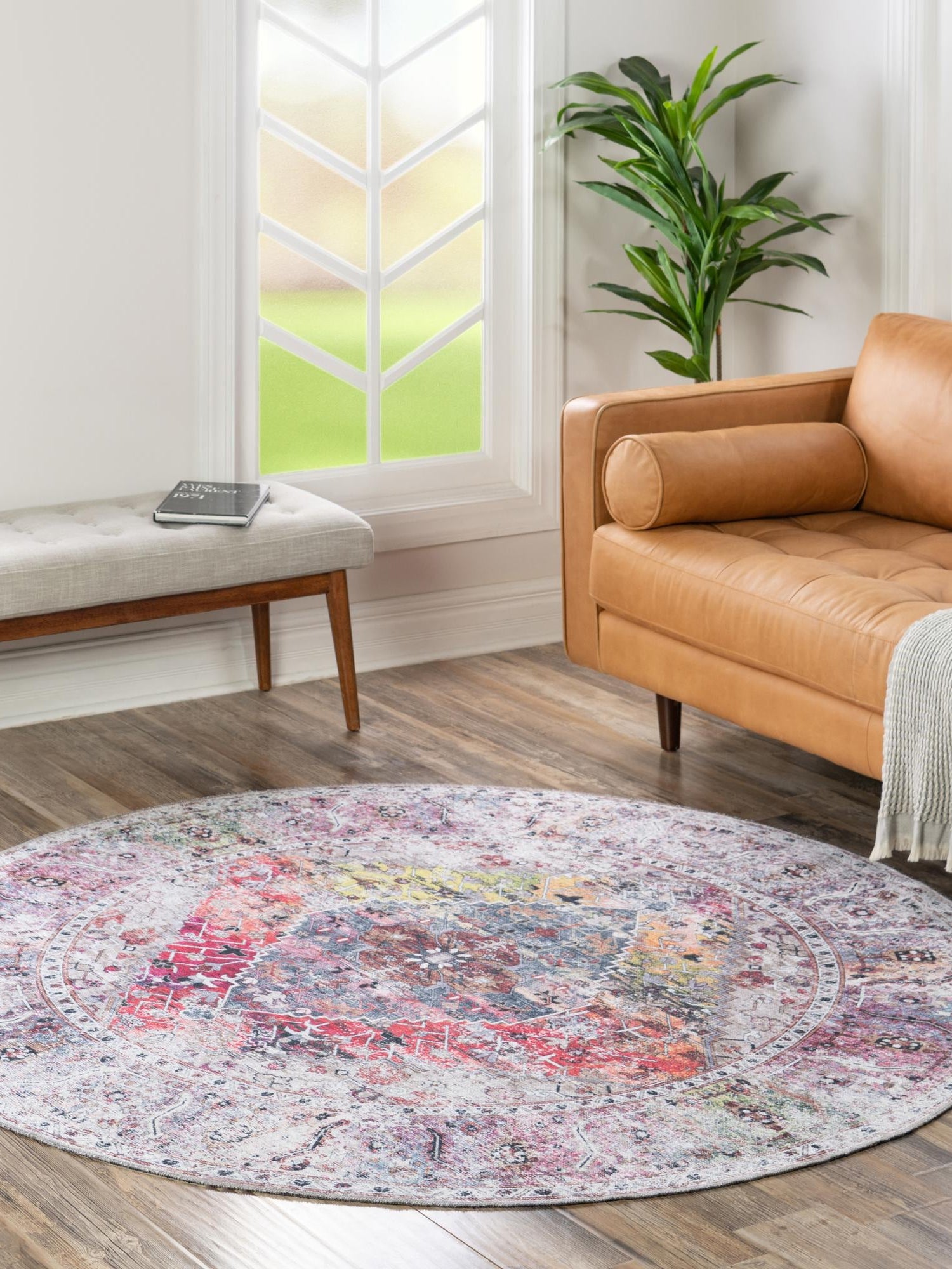 Washable Multicolor 6' x 6' Yara Round Area Rug Easy to Clean Stain Resistant & Durable Polyester & Chenille Carpet for Sale at Rug Engine