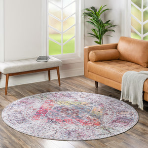 Washable Multicolor 6' x 6' Yara Round Area Rug Easy to Clean Stain Resistant & Durable Polyester & Chenille Carpet for Sale at Rug Engine