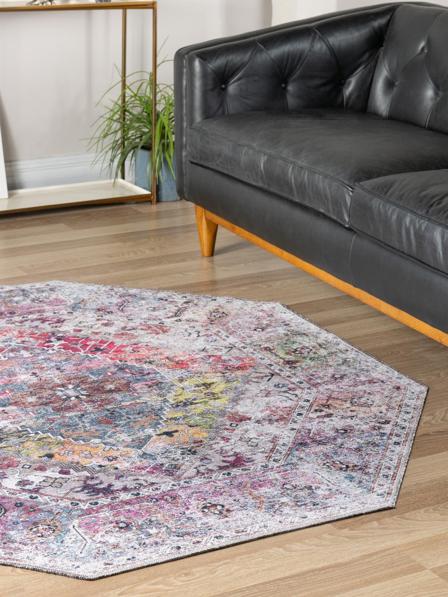 Washable Multicolor 5' x 5' Yara Octagon Area Rug Easy to Clean Stain Resistant & Durable Polyester & Chenille Carpet for Sale at Rug Engine