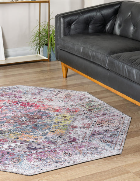 Washable Multicolor 5' x 5' Yara Octagon Area Rug Easy to Clean Stain Resistant & Durable Polyester & Chenille Carpet for Sale at Rug Engine