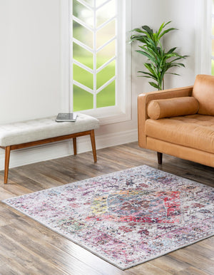 Washable Multicolor 5' x 5' Yara Square Area Rug Easy to Clean Stain Resistant & Durable Polyester & Chenille Carpet for Sale at Rug Engine