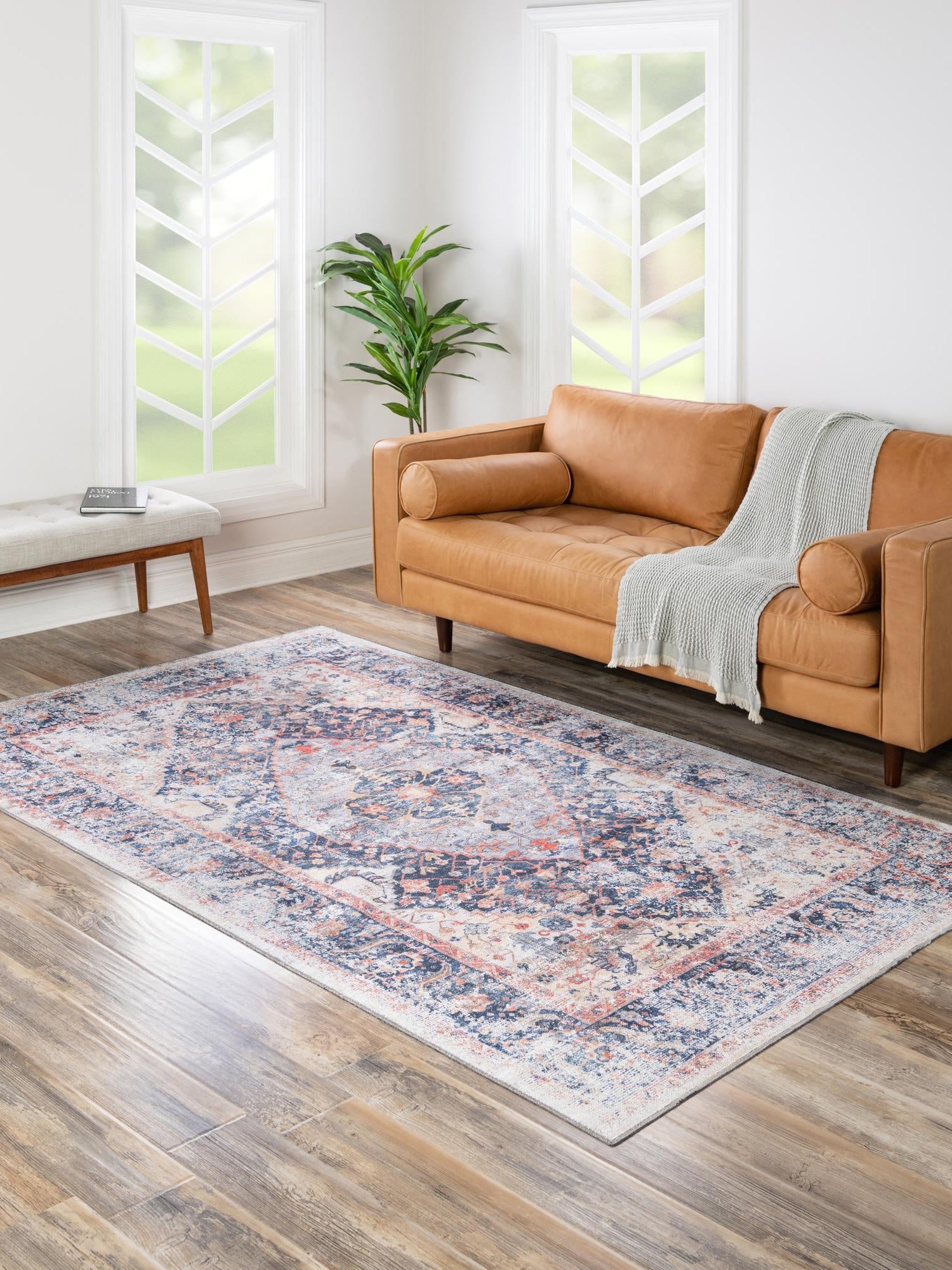 Washable Navy Blue 4' x 6' Yara Rectangle Area Rug Easy to Clean Stain Resistant & Durable Polyester & Chenille Carpet for Sale at Rug Engine