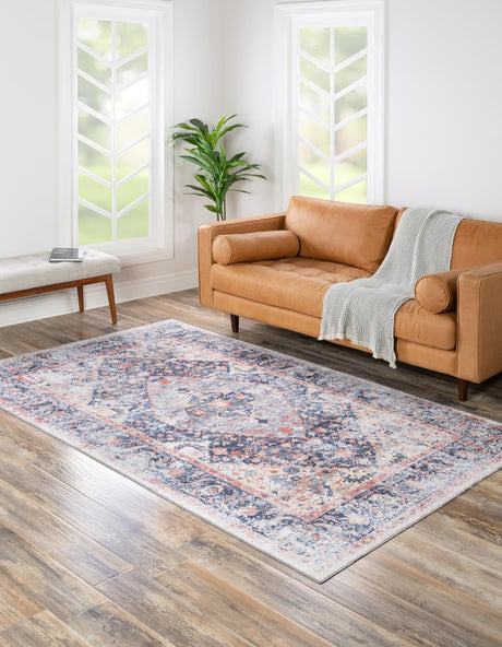Washable Navy Blue 4' x 6' Yara Rectangle Area Rug Easy to Clean Stain Resistant & Durable Polyester & Chenille Carpet for Sale at Rug Engine