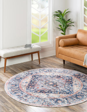 Washable Navy Blue 6' x 6' Yara Round Area Rug Easy to Clean Stain Resistant & Durable Polyester & Chenille Carpet for Sale at Rug Engine