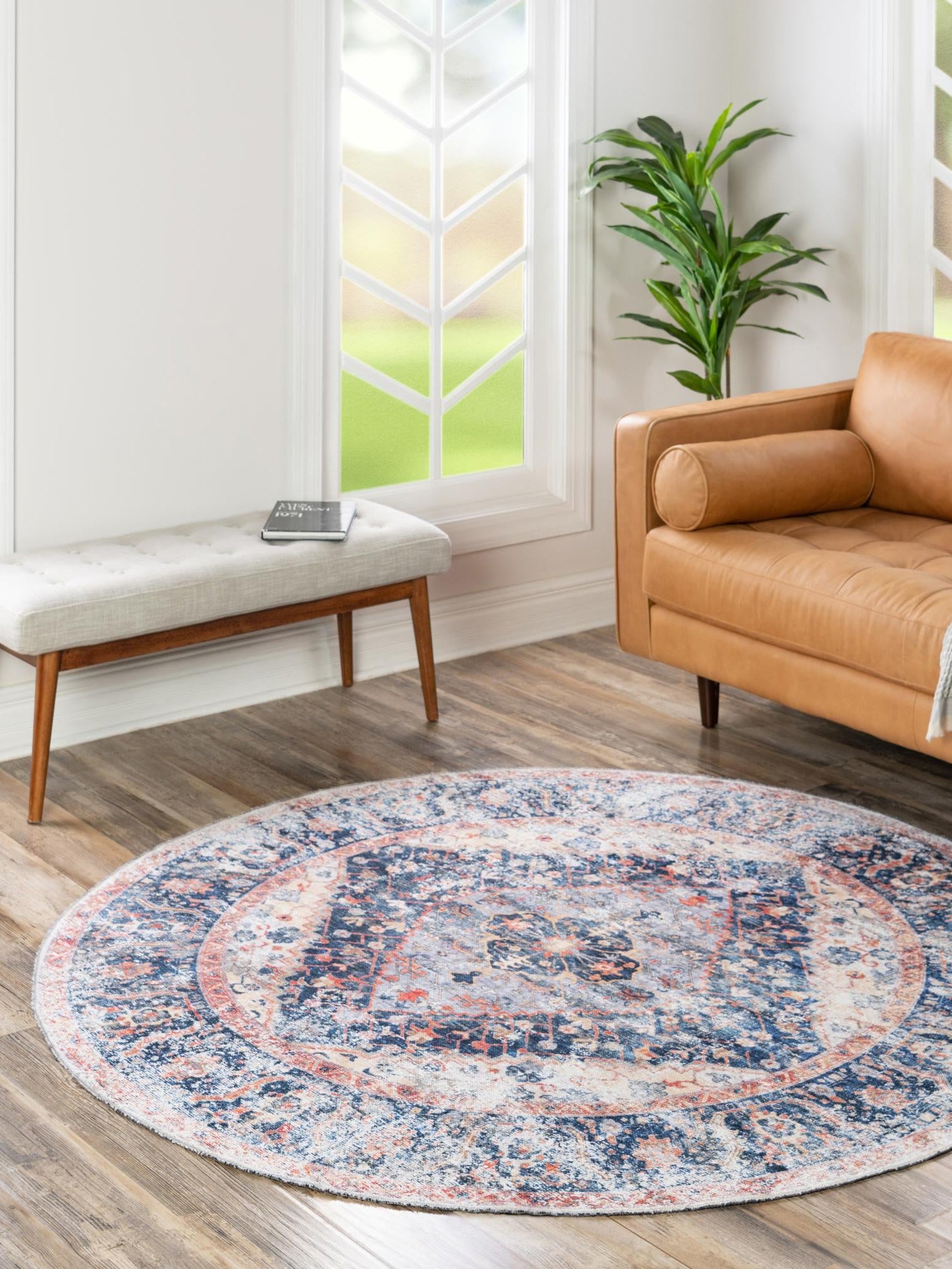 Washable Navy Blue 4' x 4' Yara Round Area Rug Easy to Clean Stain Resistant & Durable Polyester & Chenille Carpet for Sale at Rug Engine