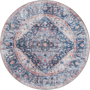 Washable Navy Blue 4' x 4' Yara Round Area Rug Easy to Clean Stain Resistant & Durable Polyester & Chenille Carpet for Sale at Rug Engine