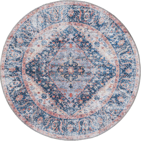 Washable Navy Blue 4' x 4' Yara Round Area Rug Easy to Clean Stain Resistant & Durable Polyester & Chenille Carpet for Sale at Rug Engine