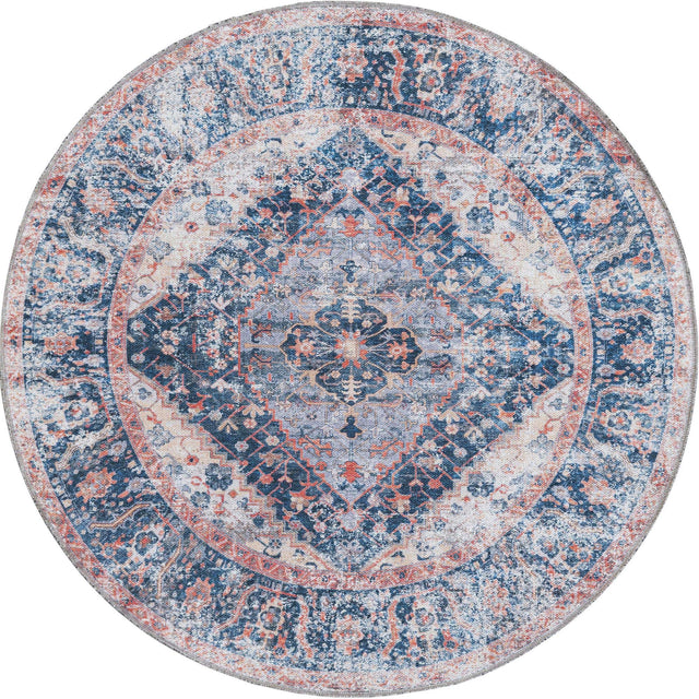 Washable Navy Blue 4' x 4' Yara Round Area Rug Easy to Clean Stain Resistant & Durable Polyester & Chenille Carpet for Sale at Rug Engine