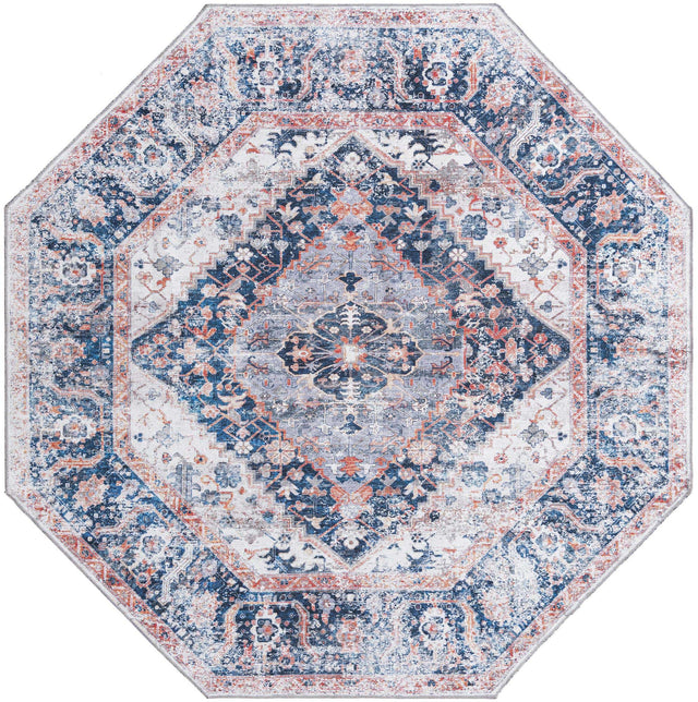 Washable Navy Blue 7' 10 x 7' 10 Yara Octagon Area Rug Easy to Clean Stain Resistant & Durable Polyester & Chenille Carpet for Sale at Rug Engine