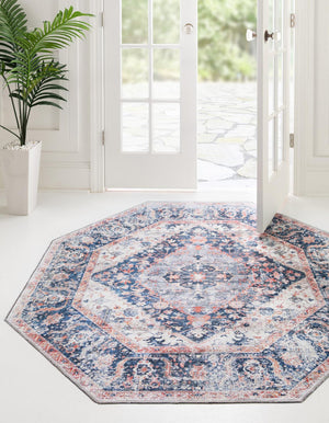 Washable Navy Blue 7' 10 x 7' 10 Yara Octagon Area Rug Easy to Clean Stain Resistant & Durable Polyester & Chenille Carpet for Sale at Rug Engine