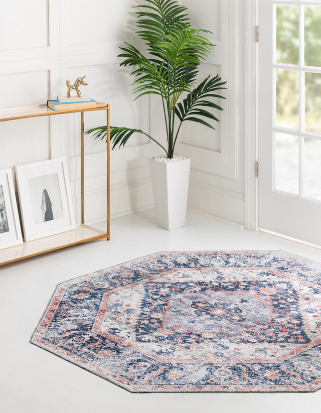 Washable Navy Blue 7' 10 x 7' 10 Yara Octagon Area Rug Easy to Clean Stain Resistant & Durable Polyester & Chenille Carpet for Sale at Rug Engine