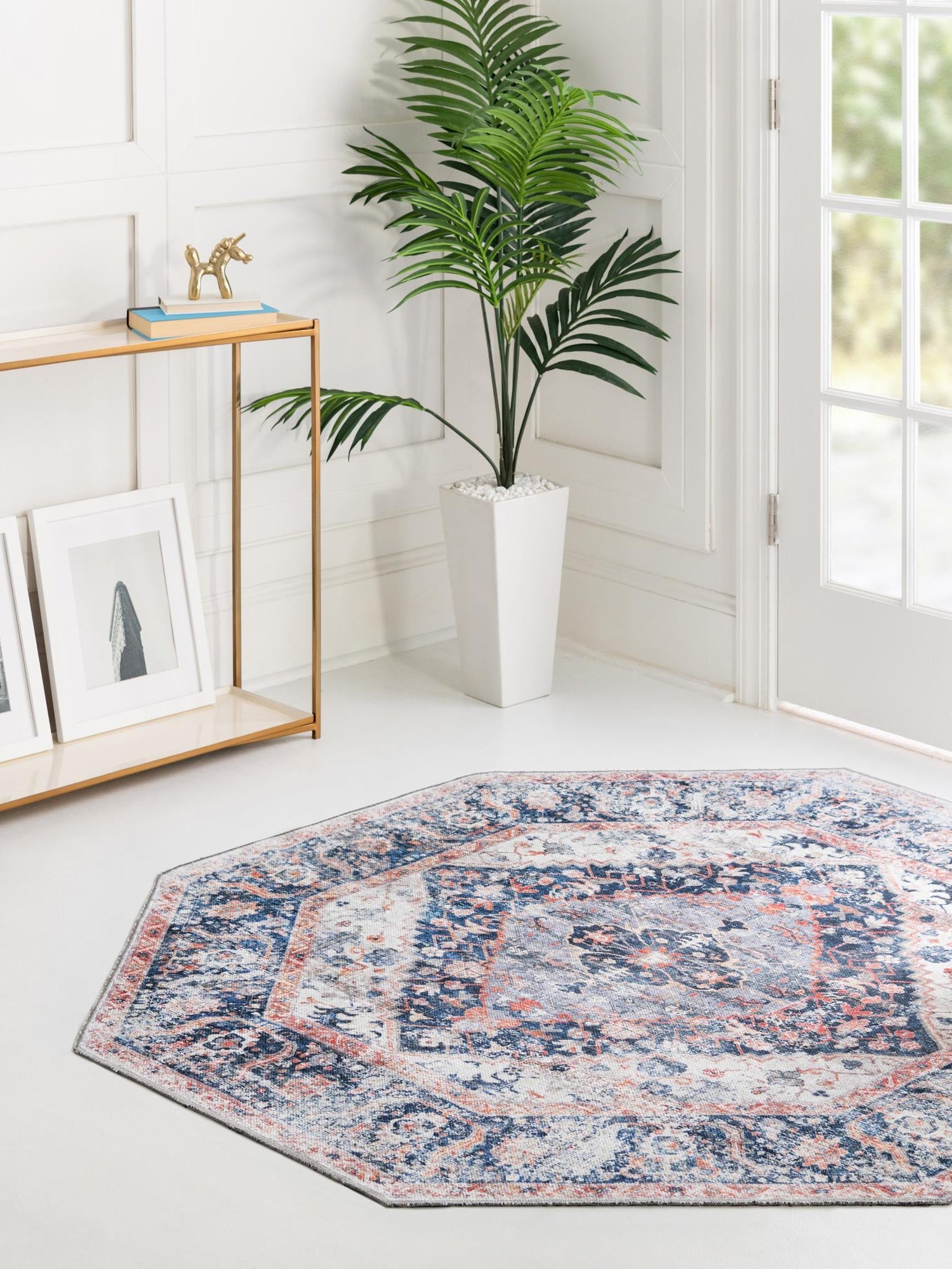 Washable Navy Blue 5' x 5' Yara Octagon Area Rug Easy to Clean Stain Resistant & Durable Polyester & Chenille Carpet for Sale at Rug Engine