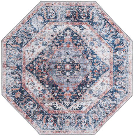 Washable Navy Blue 5' x 5' Yara Octagon Area Rug Easy to Clean Stain Resistant & Durable Polyester & Chenille Carpet for Sale at Rug Engine
