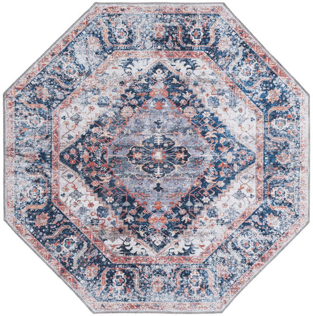 Washable Navy Blue 5' x 5' Yara Octagon Area Rug Easy to Clean Stain Resistant & Durable Polyester & Chenille Carpet for Sale at Rug Engine