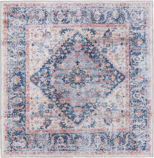 Washable Navy Blue 7' 10 x 7' 10 Yara Square Area Rug Easy to Clean Stain Resistant & Durable Polyester & Chenille Carpet for Sale at Rug Engine
