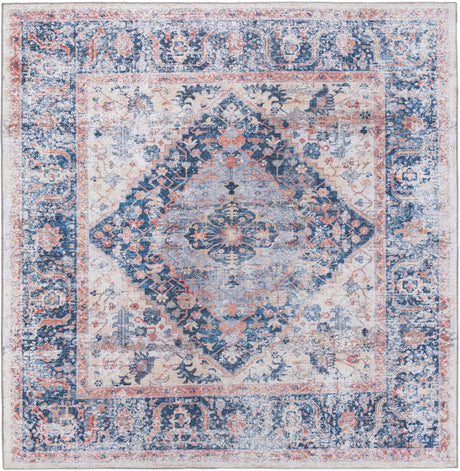 Washable Navy Blue 7' 10 x 7' 10 Yara Square Area Rug Easy to Clean Stain Resistant & Durable Polyester & Chenille Carpet for Sale at Rug Engine