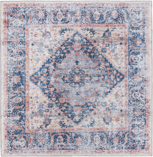 Washable Navy Blue 7' 10 x 7' 10 Yara Square Area Rug Easy to Clean Stain Resistant & Durable Polyester & Chenille Carpet for Sale at Rug Engine