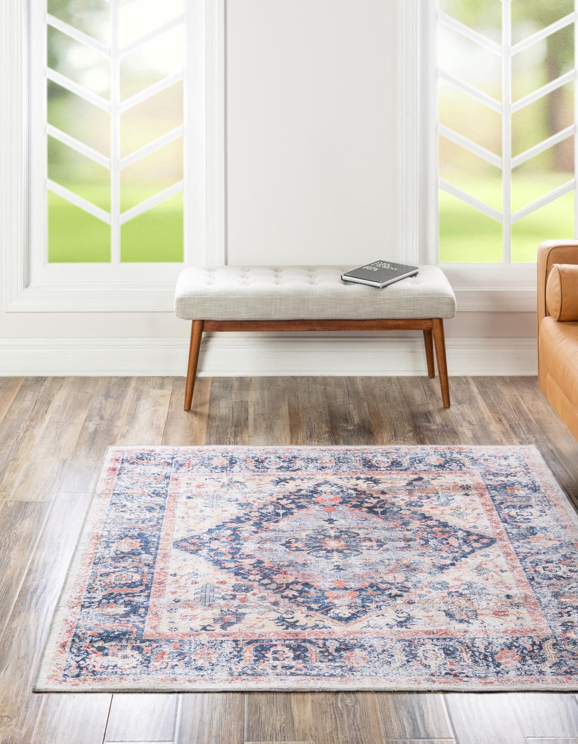 Washable Navy Blue 7' 10 x 7' 10 Yara Square Area Rug Easy to Clean Stain Resistant & Durable Polyester & Chenille Carpet for Sale at Rug Engine