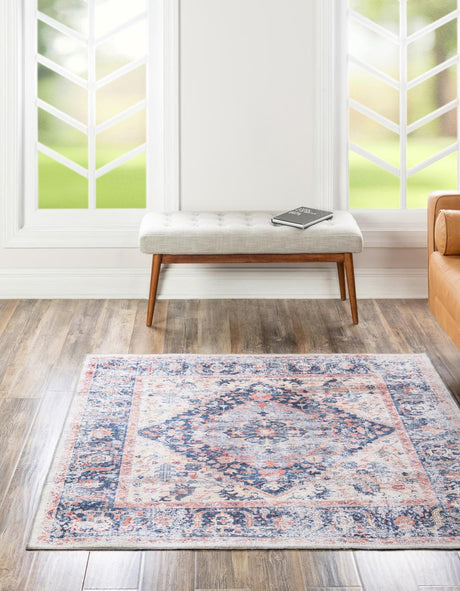 Washable Navy Blue 7' 10 x 7' 10 Yara Square Area Rug Easy to Clean Stain Resistant & Durable Polyester & Chenille Carpet for Sale at Rug Engine