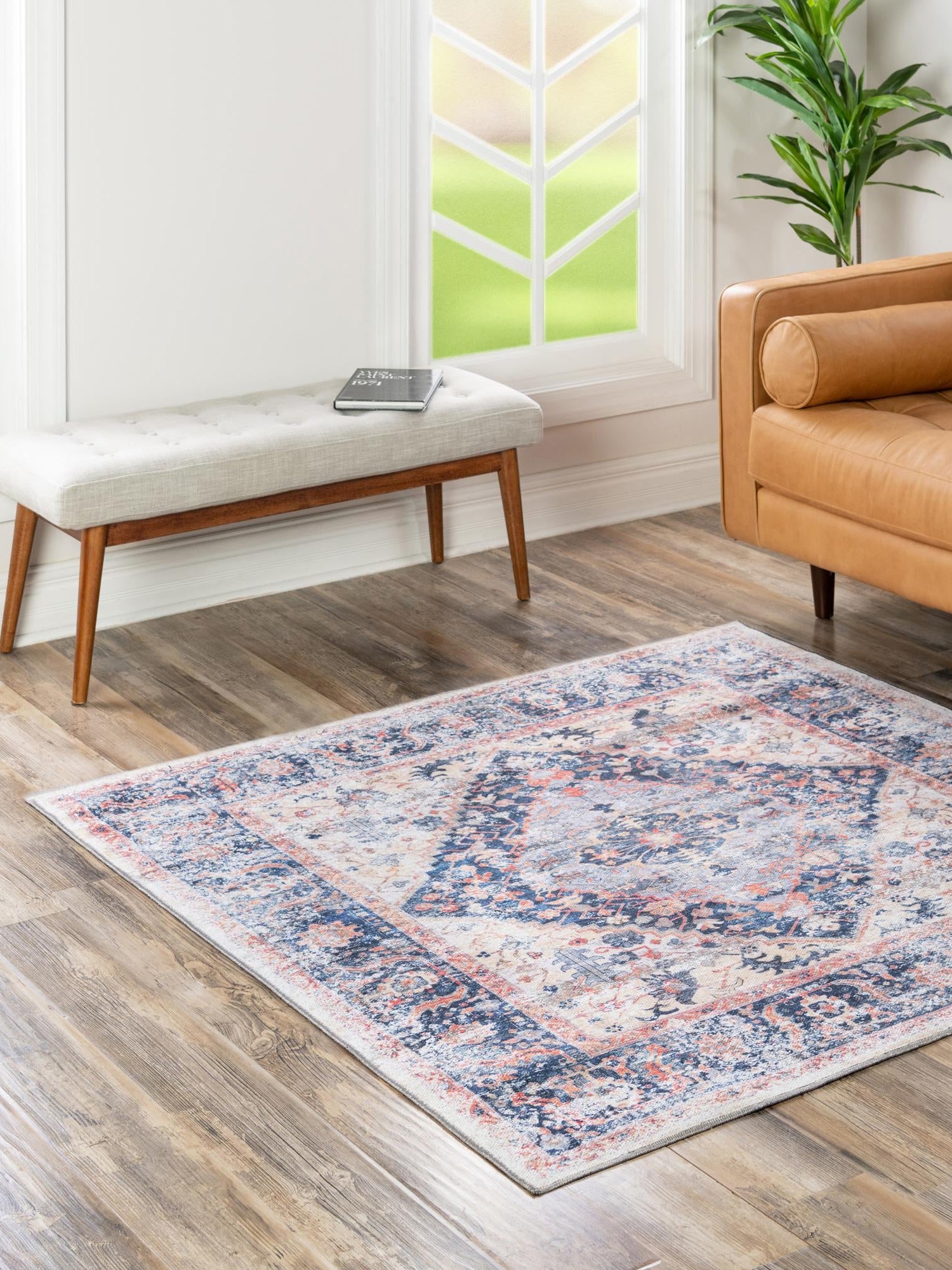 Washable Navy Blue 7' 10 x 7' 10 Yara Square Area Rug Easy to Clean Stain Resistant & Durable Polyester & Chenille Carpet for Sale at Rug Engine