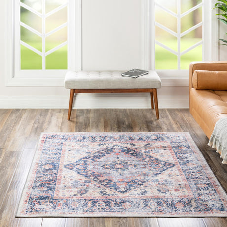 Washable Navy Blue 5' x 5' Yara Square Area Rug Easy to Clean Stain Resistant & Durable Polyester & Chenille Carpet for Sale at Rug Engine